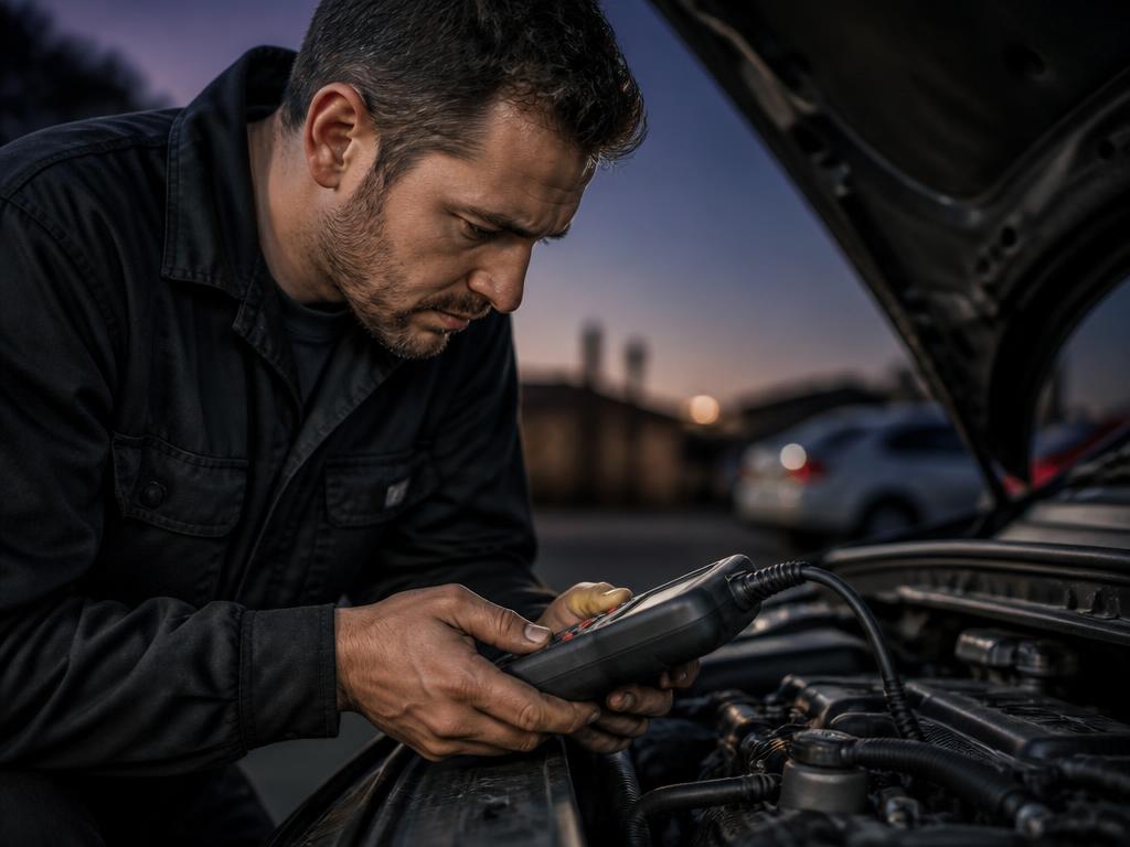 A Rolling Mechanics technician reading fault codes with a diagnostic scanner